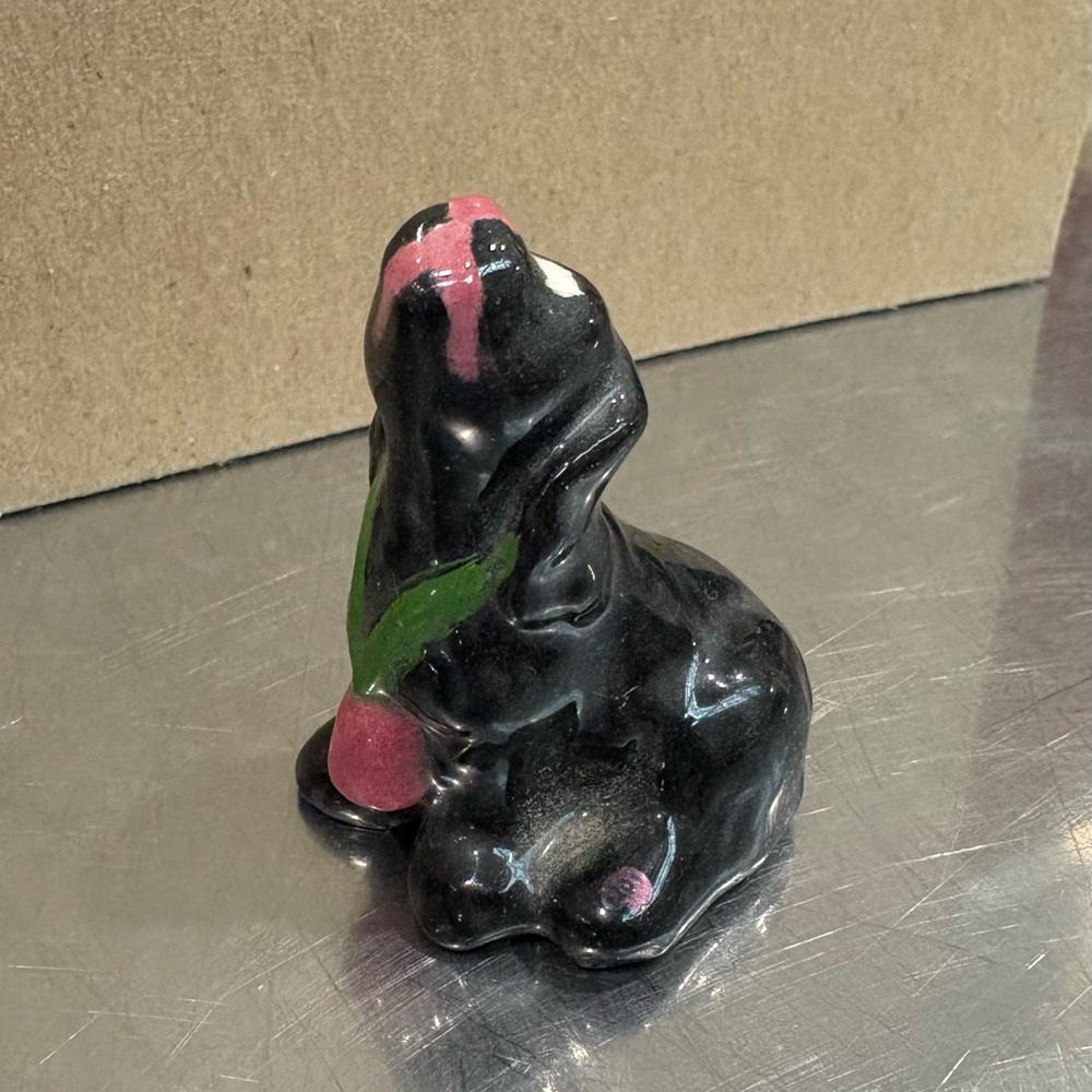 Vintage Ceramic Begging Black Dog Big Eyes Kitsch Japan 2” Figurine Decor MCM